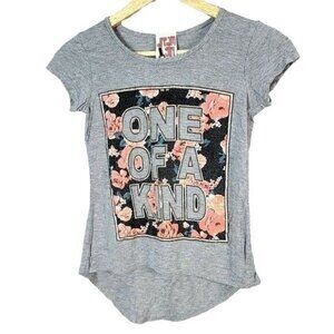2/$15 DreamGirl Floral T Shirt Gray Size 10 12 Scoop Short Sleeve One of a Kind